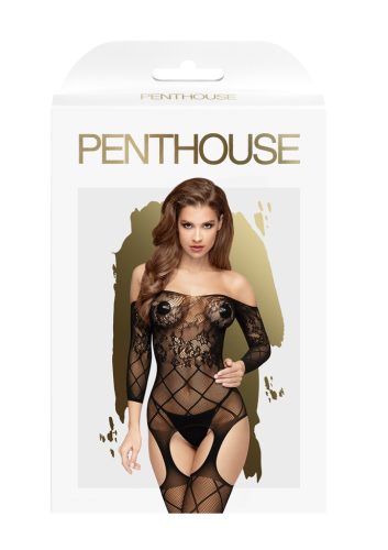 Penthouse Top-notch - rácsos-virágos, nyitott, necc szett ,fekete. Méret:XL