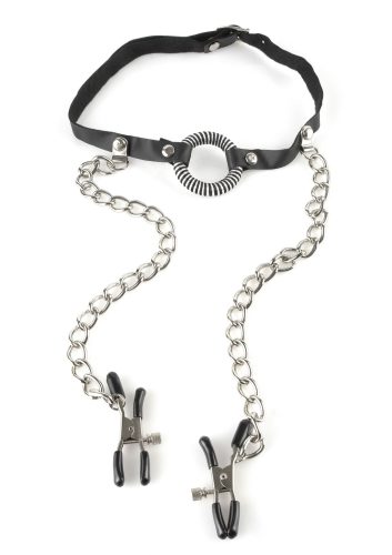 O-Ring Gag with Nipple Clamps.