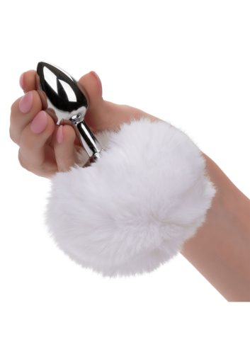 Fém anál plug puha fehér pom-pommal-kis méret.