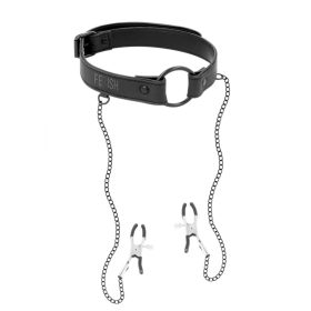 RING GAG WITH NIPPLE CLAMPS.