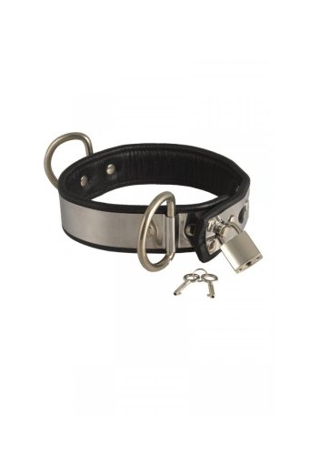 Collar with metal and padlock.